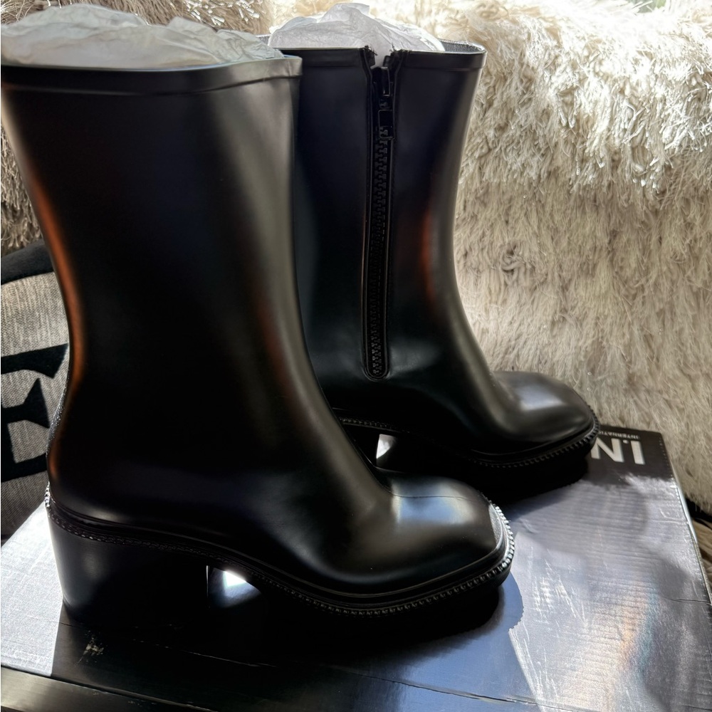 INC Sleek Black Mid-Calf Block Heel Rubber Rain Boots